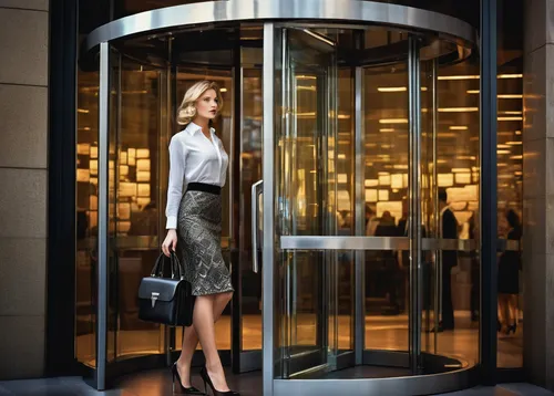 revolving door,elevator,elevators,concierge,white-collar worker,steel door,bussiness woman,business woman,stock exchange broker,metallic door,businesswoman,woman in menswear,hinged doors,vitrine,access control,sales person,sliding door,menswear for women,structural glass,glass facade,Illustration,Realistic Fantasy,Realistic Fantasy 42