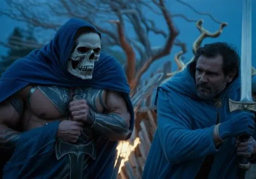 a man with a sword and a blue coat faces a giant muscular man with a skull-head and a cowl,two men holding swords while standing next to each other,day of the dead frame,dagestanis,boneparth,skeletor,