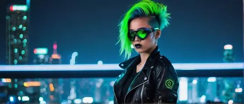 Cyberpunk fashion, young adult woman, solo, (20yo), bold eye makeup, neon green hair, leather jacket, ripped jeans, combat boots, metallic accessories, goggles on forehead, posing, cityscape, nighttim