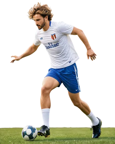 Football player, male, athletic build, white jersey, blue shorts, soccer ball at feet, kicking pose, dynamic movement, sweat droplets, messy hair, focused facial expression, strong legs, grassy backgr