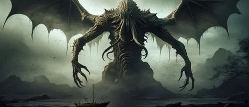 a giant creature sitting on the ground next to a ship,dagon,hastur,hastula,morgul,yuggoth,midir