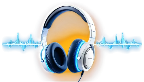 White background, abstract sound wave, digital audio symbol, 3D headphones, blue light emitting from earcups, metallic surface, sleek design, modern technology, high-tech gadget, close-up shot, shallo