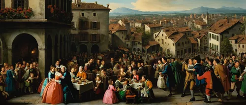 medieval market,procession,the pied piper of hamelin,the market,bellini,large market,muenster,donaueschingen,bamberg,city of münster,schutzfest,freiburg,kefermarkt,kristbaum ball,church painting,braunschweig,pilgrims,candlemas,innsbruck,flemish,Art,Classical Oil Painting,Classical Oil Painting 25