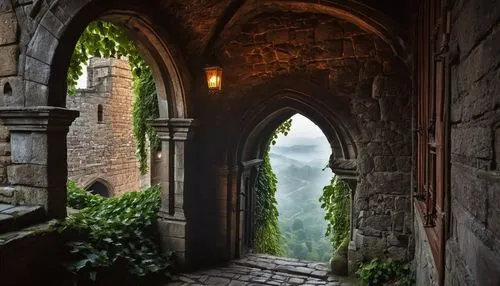 Ancient medieval corbel, ornate stone carvings, Gothic architecture style, grand castle, mysterious atmosphere, dimly lit, torches, cobblestone walls, ivy climbing up the sides, worn-out wooden doors,