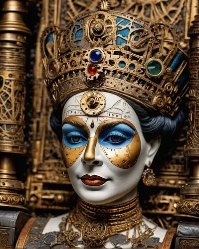 venetian mask,the carnival of venice,imperial crown,gold mask,golden mask,queen crown,cleopatra,miss circassian,kokoshnik,peking opera,royal crown,the czech crown,gold crown,brazilian monarchy,tutankhamun,swedish crown,bodypainting,queen cage,masquerade,emperor,Illustration,Realistic Fantasy,Realistic Fantasy 13