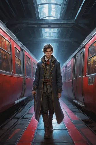 sherlock holmes,sci fiction illustration,london underground,thames trader,star-lord peter jason quill,eleven,game illustration,the wanderer,conductor,cg artwork,holmes,railroad engineer,pilgrim,sherlock,frock coat,theoretician physician,the train,imperial coat,overcoat,the doctor,Conceptual Art,Daily,Daily 01