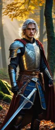 Fantasy, mythical, medieval, knight, swordmaster, solo, (25yo), flowing silver hair, blue eyes, sharp facial features, muscular arms, ornate armor, cape, golden accents, intricate sword design, glowin