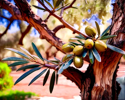 Green olive tree, Mediterranean style, small fruit, gnarled branches, thick trunk, rough bark, leaves with pointed tips, warm sunlight, afternoon atmosphere, shallow depth of field, 3/4 composition, v