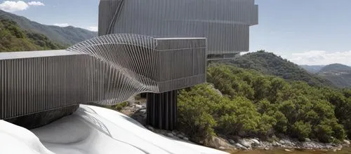 PUENTE INCRUSTADO EN UN CAÑÓN, CON UN RÍO POR DEBAJO, PAISAJE DE LA NATURALEZA ,hydropower plant,stelvio yoke,futuristic architecture,moveable bridge,cooling tower,house in mountains,observation deck,