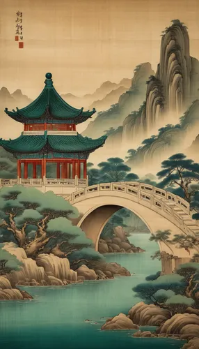 A scroll from a view of a historical Chinese towel and the beauty and splendors of majestic architecture and Asian bridge structures. The scroll original hues is dulled, with shades of off-white, beig