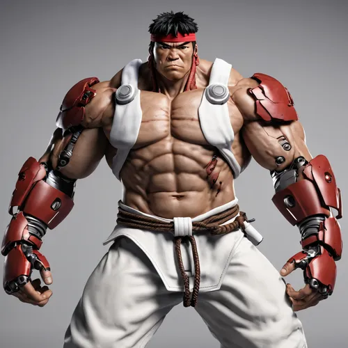 Criar Cyborg 3D em caricatura com o personagem Ryu,muscle man,katakuri,3d model,muscular build,game figure,3d figure,actionfigure,kotobukiya,3d man,edge muscle,angry man,butomus,nikuman,muscular,jin d