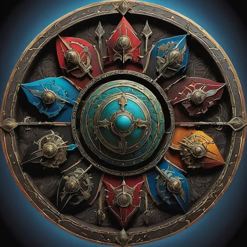 helmet plate,emblems,mod ornaments,shield,circular star shield,escutcheons,hyzaar,bronze wall,zodiac,heraldic shield,medallion,karalus,head plate,crests,the order of the fields,motifs of blue stars,portal,panel,tock,merlini,Conceptual Art,Fantasy,Fantasy 08