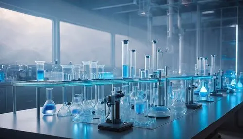 Stable diffusion, futuristic laboratory, sci-fi setting, glass containers, beakers, test tubes, Petri dishes, microscopes, high-tech equipment, metallic tables, LED lights, soft blue glow, foggy atmos