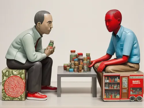 Create a compelling dialogue between two characters debating the ethical implications of fair trade in a capitalist society.,art dealer,pop art people,modern pop art,pills dispenser,consumerism,capsul