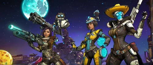 character, Borderlands: The Pre-Sequel, Athena the Gladiator, action pose, shield, sword, aggressive stance, Nisha the Lawbringer, dual pistols, cowboy hat, sharpshooter, Wilhelm the Enforcer, cyberne