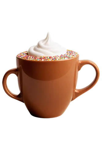 Hot drink, rich brown color, creamy foam, marshmallows on top, sprinkles around rim, ceramic mug, handle on side, steam rising, warm lighting, cozy atmosphere, shallow depth of field, soft focus, gold