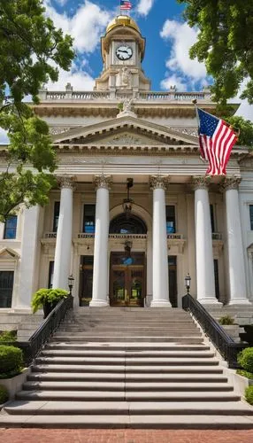 Courthouse building, neoclassical architecture, grand entrance, marble columns, intricately carved stone walls, large clock tower, symmetrical façade, ornate iron doors, steps leading up to main entra