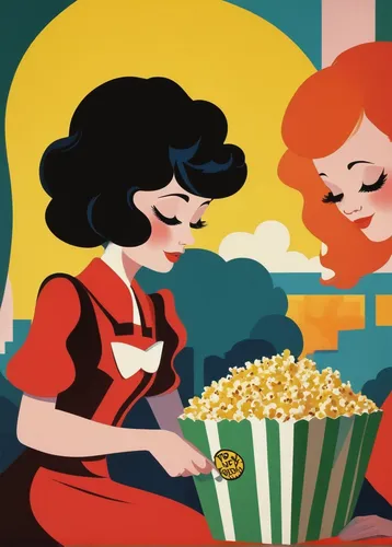 Write a hilarious sitcom episode centered around a mishap with Topsy Popcorn.,popcorn,popcorn machine,kettle corn,pop corn,movie theater popcorn,retro cartoon people,retro women,popcorn maker,movies,v