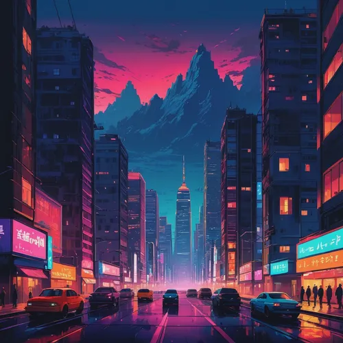 colorful city,tokyo city,cityscape,dusk,cyberpunk,shinjuku,tokyo,vapor,dusk background,aesthetic,evening city,taipei,shanghai,futuristic landscape,neon arrows,retro background,would a background,hong kong,fantasy city,urban,Conceptual Art,Fantasy,Fantasy 32