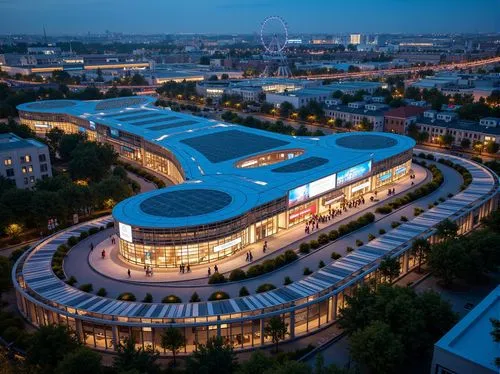 Futuristic transportation hub, sleek metal fa\u00e7ade, LED lighting displays, cantilevered rooflines, dynamic curves, urban landscape, bustling streets, modern cityscape, high-speed rail networks, bu