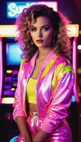 80s,jukebox,disco,retro woman,1980's,1980s,ammo,social,vegas,retro women,neon lights,birds of prey-night,marina,retro eighties,neon light,neon,rockabella,bolero jacket,femme fatale,retro girl,Photography,General,Realistic