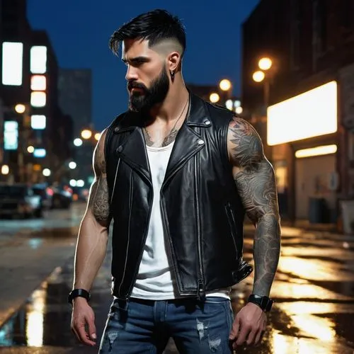 Muscular man, 30s, confident expression, short black hair, thick beard, tattoos on arms, chest, and back, silver earring, black leather jacket, white tank top, ripped blue jeans, boots, standing, urba