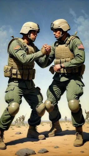 modern military soldiers hand to hand combat ,two military men in knee high gear doing a fist bump,conscripts,commandos,peshmergas,peshmerga,paratroopers,soldiers,warfighters,mcquarrie,military operat