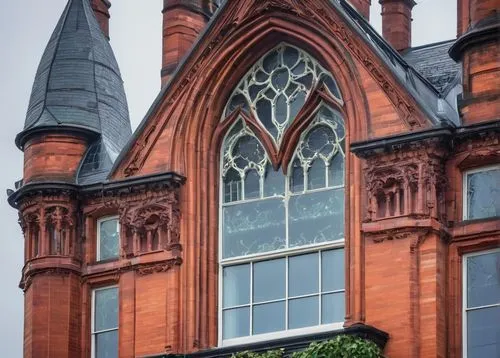 Ratcliff architecture, British style, majestic, grandiose, intricate carvings, ornate decorations, Victorian era, red brick walls, white stone columns, slate roof, Gothic windows, stained glass, ivy c