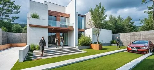 DISEÑO EXTERIOR DE UNA RESIDENCIA  ESTILO MINIMALISTA, CON MUROS CON CANTERA GRIS, EN COMBINACION CON MUROS DE COLOR BLANCO Y GRIS,VENTANAS DE ALUMNIO CON CRSITAL, PLANO CINEMATOGRAFICO, CORRECCION DE