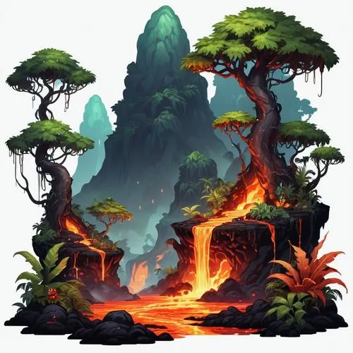 tropical forest,dragon tree,cartoon video game background,krafla volcano,baobabs,rainforests,Illustration,Abstract Fantasy,Abstract Fantasy 11