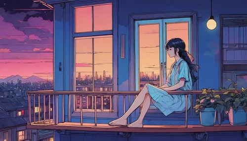 summer evening,paris balcony,windowsill,evening atmosphere,window sill,in the evening,rooftops,balcony,rooftop,house silhouette,night-blooming jasmine,dusk,blue room,on the roof,bedroom window,scenery,daybreak,longing,sky apartment,blue rain,Illustration,Japanese style,Japanese Style 06