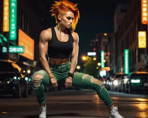 Female Saiyan, orange hair, spiky ponytail, green eyes, muscular toned arms, strong legs, ripped jeans, black tank top, golden earrings, confident stance, city street, night scene, neon lights reflect