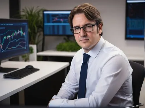 Modern software architect, middle-aged man, bespectacled, short brown hair, clean-shaven, formal attire, white shirt, dark blue suit, tie, sitting in a sleek, contemporary office, surrounded by screen