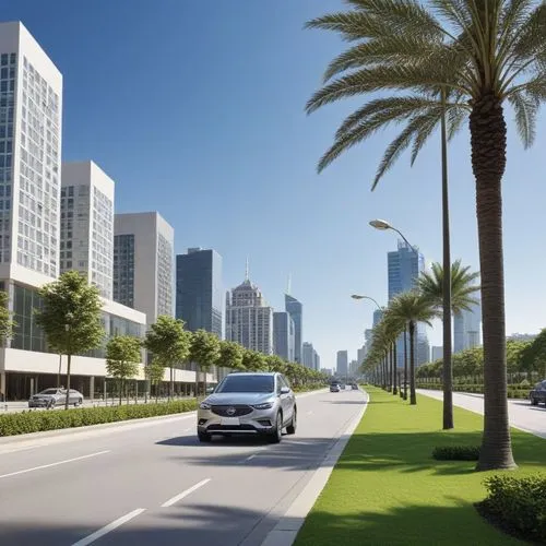 a car driving down a street near tall buildings,sharjah,dhabi,salmiya,difc,abu dhabi,baladiyat