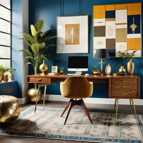 modern decor,contemporary decor,dark blue and gold,mid century modern,interior decor,gold foil corner,interior decoration,credenza,berkus,interior design,decors,gold wall,decorates,gold paint strokes,interior modern design,decoratifs,gold foil shapes,decor,boho art style,blur office background,Photography,General,Realistic