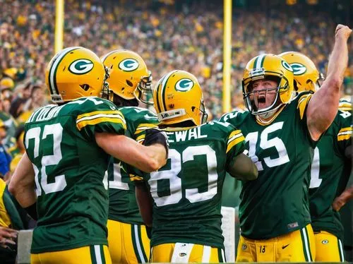 Green Bay Packers fan, male, muscular build, 30s, excited expression, green and gold jerseys, helmet, football, American flag, Lambeau Field, sunny day, cheering crowd, goalpost, scoreboard, lush gree