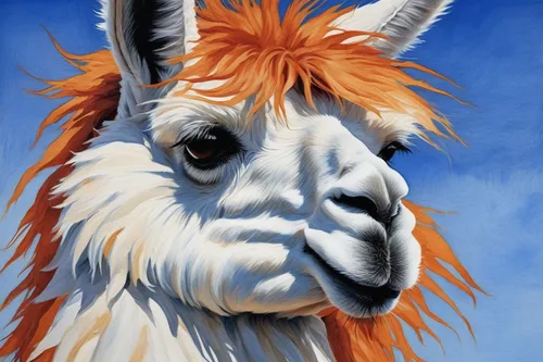 This closeup of a white llama looking into the distance features bold brush strokes and colors to depict the shaggy fur and light and shadows with a vibrant orange backdrop and complementary blue sky 