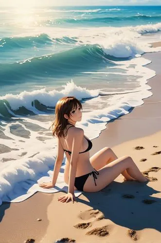 a photography full body of a caucasian girl, brown hair, blue eyes, wearing a black bikini, she is sitting in a beach whit the waves of the sea coming and covering his feet at morning in a beautiful b