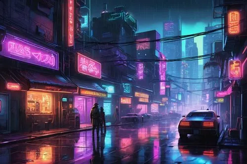 cyberpunk,alleyway,cityscape,colorful city,alley,shinjuku,rainy,shanghai,tokyo city,futuristic landscape,kowloon,tokyo,world digital painting,chinatown,blue rain,taipei,fantasy city,nightlife,neon lights,night scene,Illustration,American Style,American Style 13