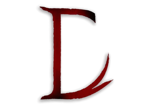 Scary letter E, creepy font, bold italic, red ink, bloodstained paper, torn edges, spooky atmosphere, dim candlelight, mysterious shadows, eerie silence, close-up shot, high contrast, film grain effec