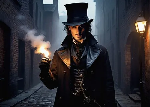 dickensian,guy fawkes,flambard,gaslight,ichabod,gas lamp,norrell,fagin,whitby goth weekend,witchfinder,baskerville,blunderbuss,ebeneezer,lamplighters,the magician,alatriste,riario,sherlock holmes,stovepipe hat,lamplighter,Illustration,Abstract Fantasy,Abstract Fantasy 22