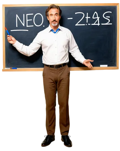 Cartoon math teacher, middle-aged man, blackboard, colorful markers, scribbled equations, chalk dust, white shirt, brown pants, black shoes, standing, lecturing pose, humorous facial expression, brigh