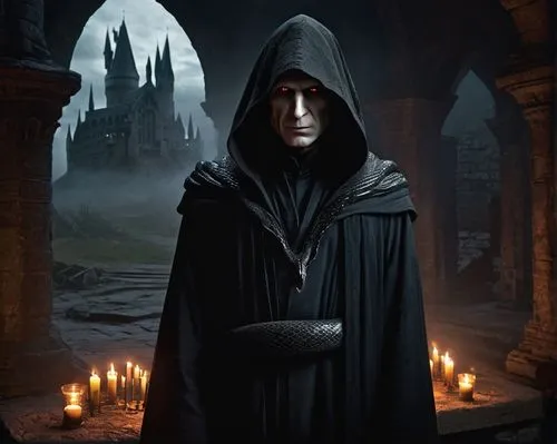 Dark Lord Voldemort, sinister facial expression, pale skin, red eyes, snake-like face, black hooded robe, intricate silver snake embroidery, dark magic aura, mystical fog, Hogwarts castle ruins, aband