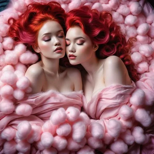 (Sensual art by Jim Lee, by Jasmine Becket-Griffith, by Amy Sol, by Fasfoto :1.5), (two women with red_hair, deeply in love and cuddling in a makeshift bed of pink cotton wool, their bodies glowing of