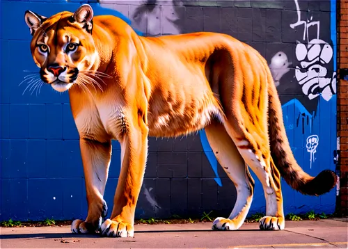 Wild cougar, solo, majestic posture, golden fur, white underbelly, muscular legs, sharp claws, intense gaze, whiskers, realistic texture, warm lighting, shallow depth of field, cinematic composition, 