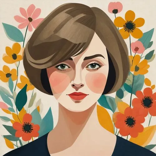 40 years old woman with short dark blond hair with flowers,klobuchar,digital illustration,illustrator,dalloway,vector illustration,custom portrait,girl in flowers,retro flowers,autumn icon,shorthair,s