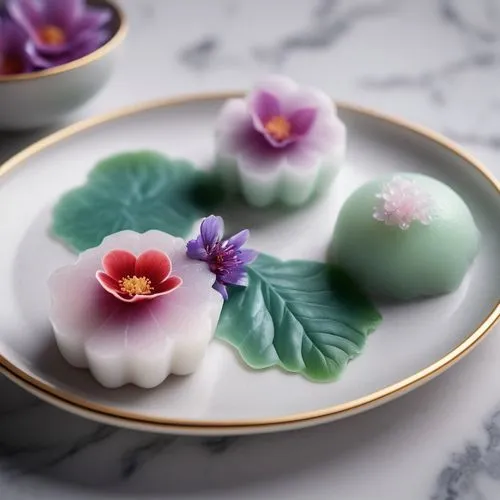 The image depicts a close-up view of three mochi pieces placed on a white, scalloped-edge plate. The mochi are spherical and have a white, powdery surface. Two of the mochi are decorated with floral e