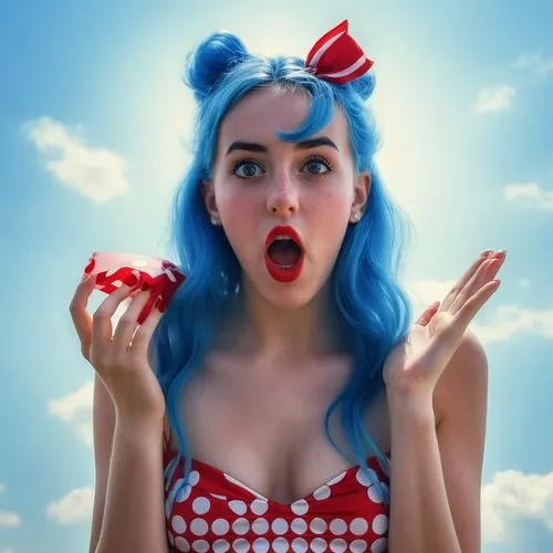  uma moça de cabelos azul, moça admirada, moça surpreendida, vestido vermelho estampado com bolinhas brancas,  arte em  foto realista.,a very cute lady with bright blue hair,retro pin up girl,retro pi