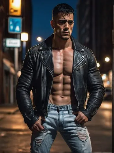 Muscular man, unfather, 35yo, strong facial features, short black hair, thick eyebrows, rough skin, silver earring, leather jacket, white tank top, ripped blue jeans, heavy boots, standing, city stree