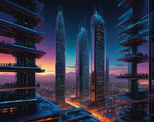 Complex futuristic architecture, Linux kernel headquarters, modern skyscraper, glass and steel structure, neon lights, motherboard-inspired design elements, circuit board patterns on walls and floor, 